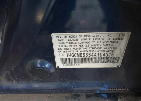 2004 Honda Accord Ex z USA, uszkodzony, nr VIN 1HGCM66554A104315